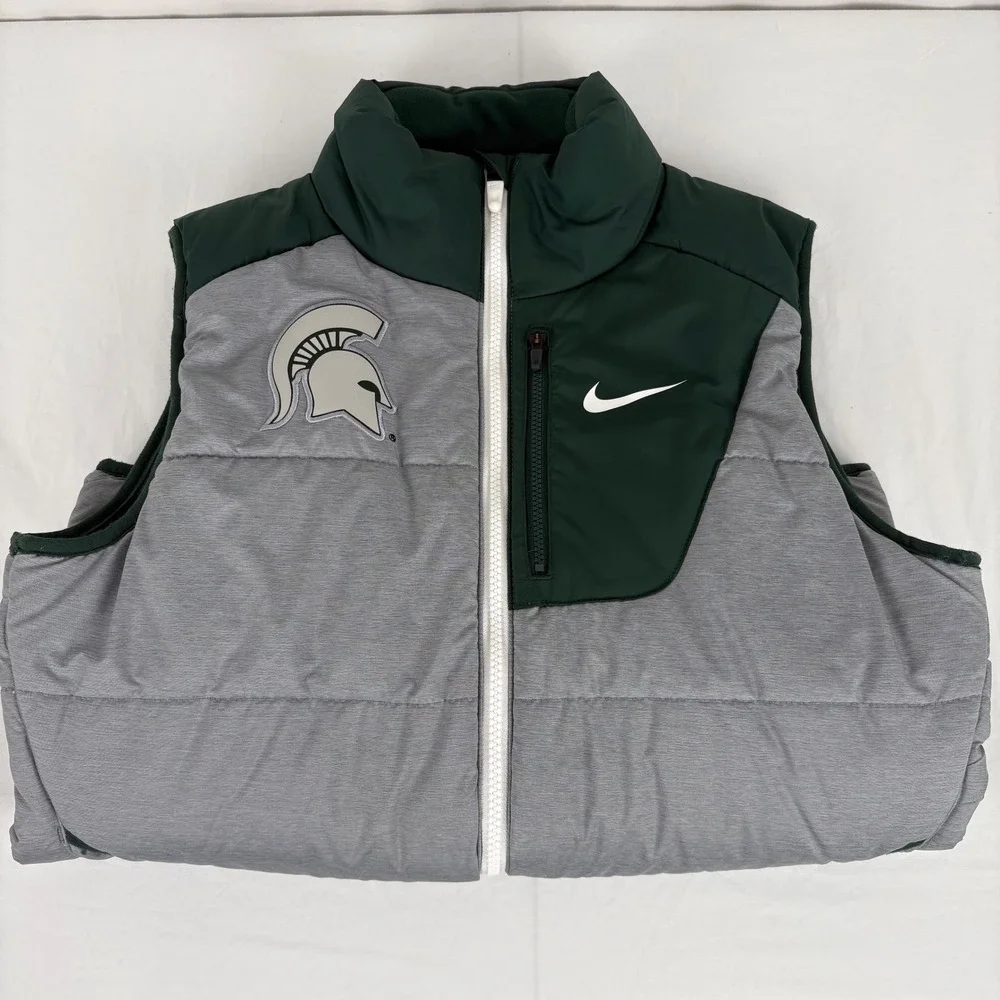 Nike Michigan State‎ Spartans Puffer Vest Mens Full Zip Gray Green Size Small